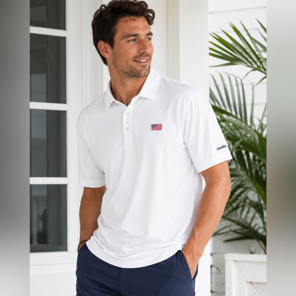 Chubbies Mr. Fantastic Performance Polo White American Flag Golf Shirt Men’s L